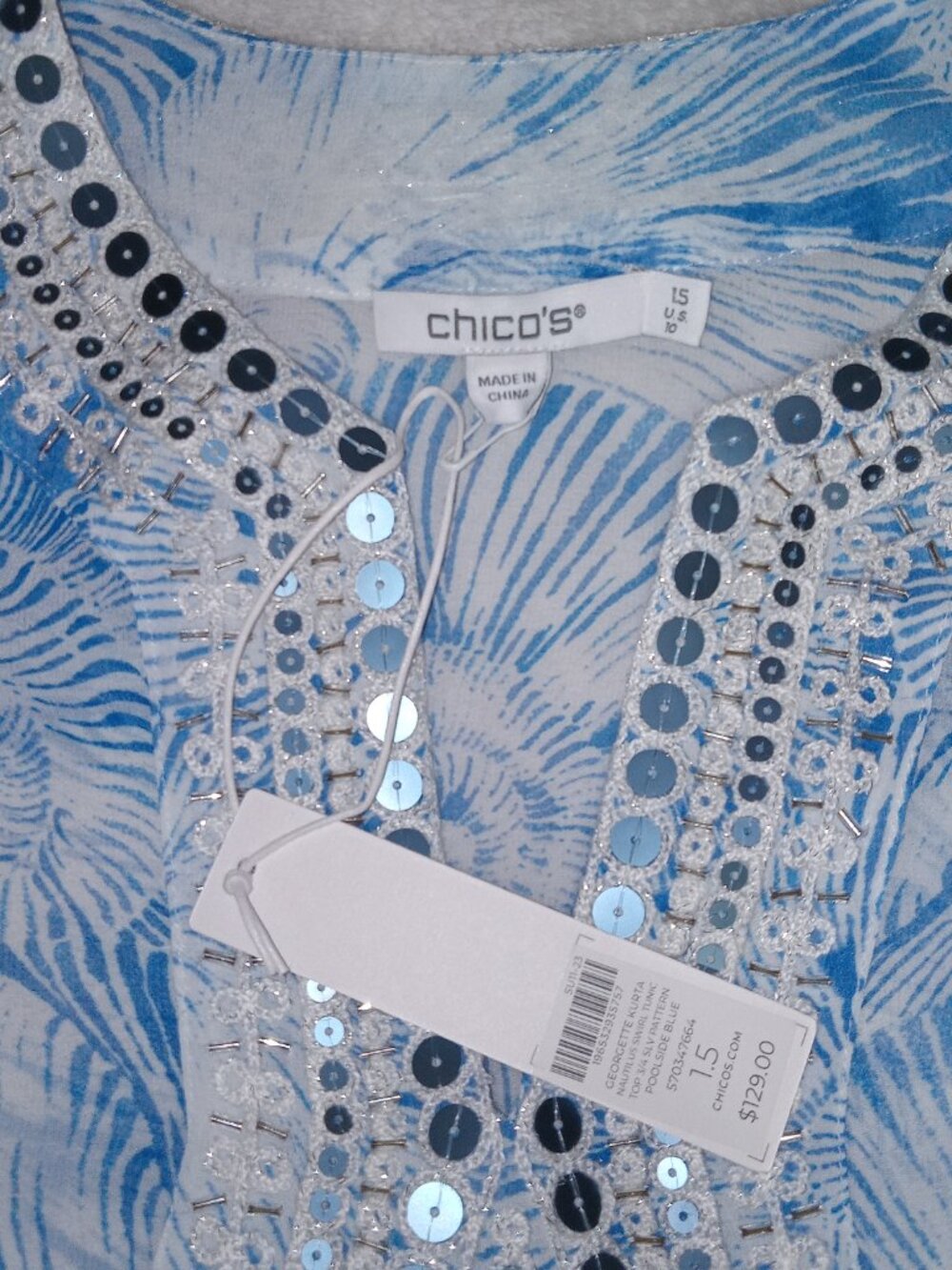 Chico’s Nautilus Swirl Georgette Tunic Top Blue Beaded Kurta 3/4 Sleeve Size L - Picture 9 of 13